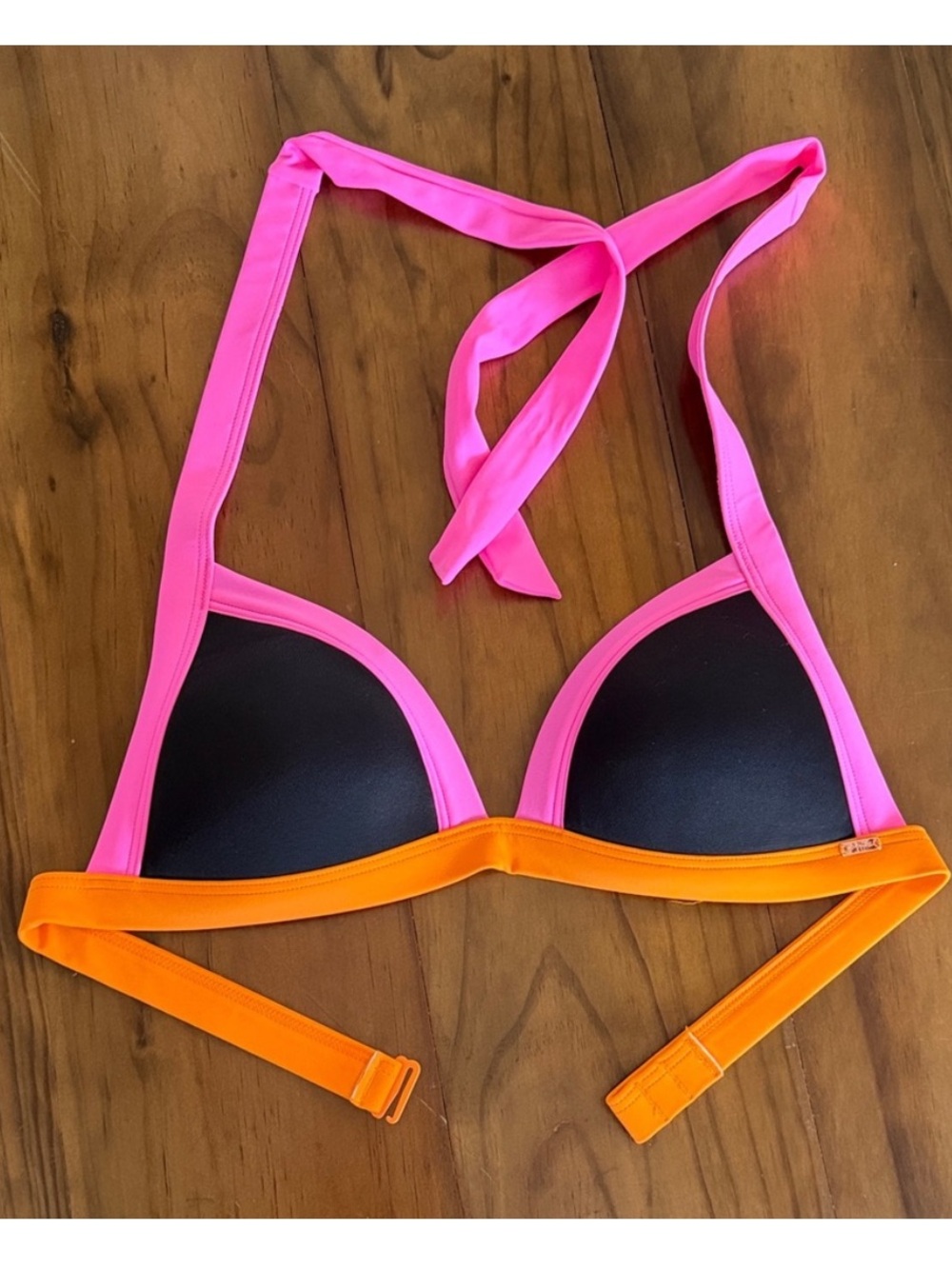 PINK Victoria's Secret Neon Pink & Orange Contrast Triangle Bikini Top